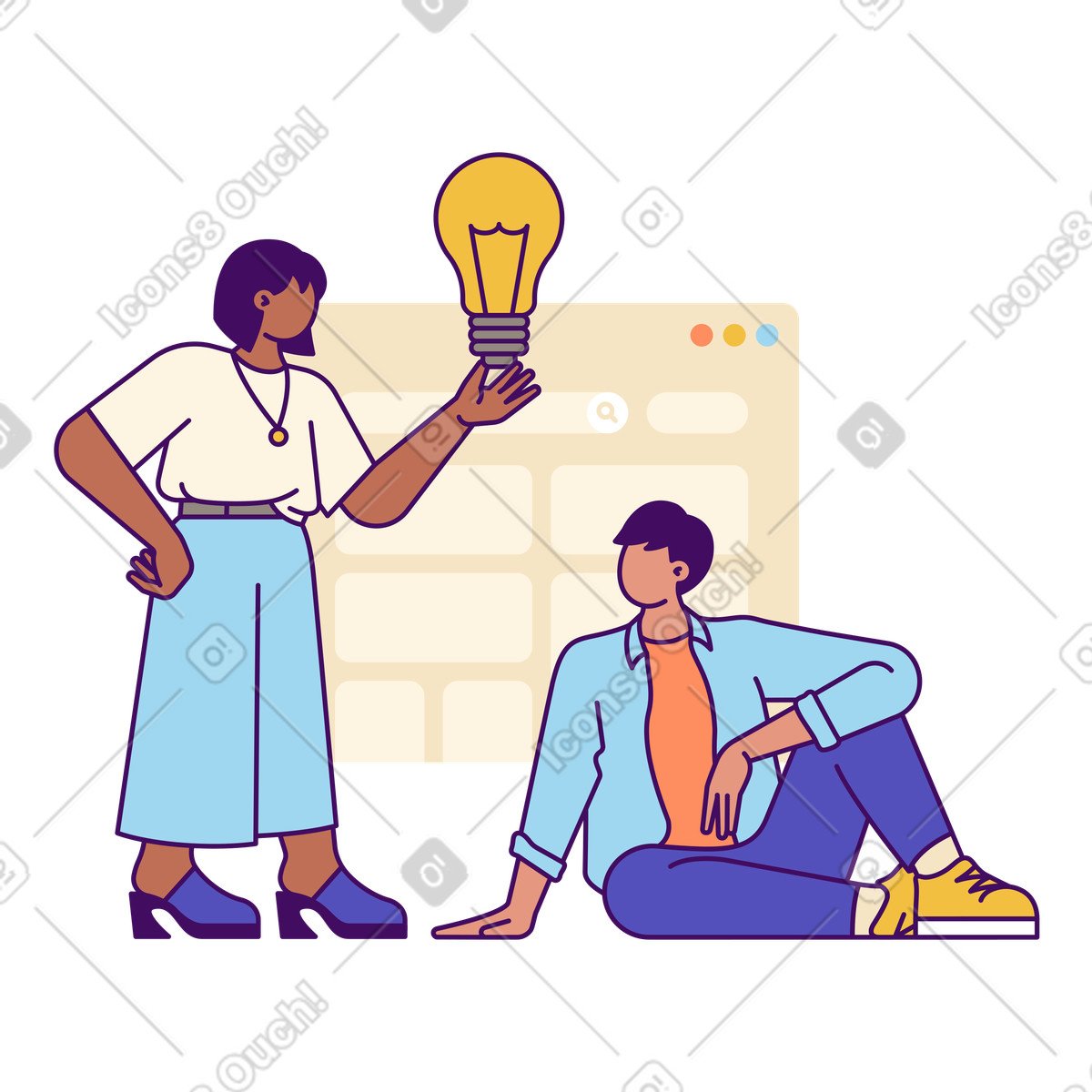 Colleagues exchanging ideas with browser background, Collaboration and creativity illustration in Simplistic style download in PNG, SVG
