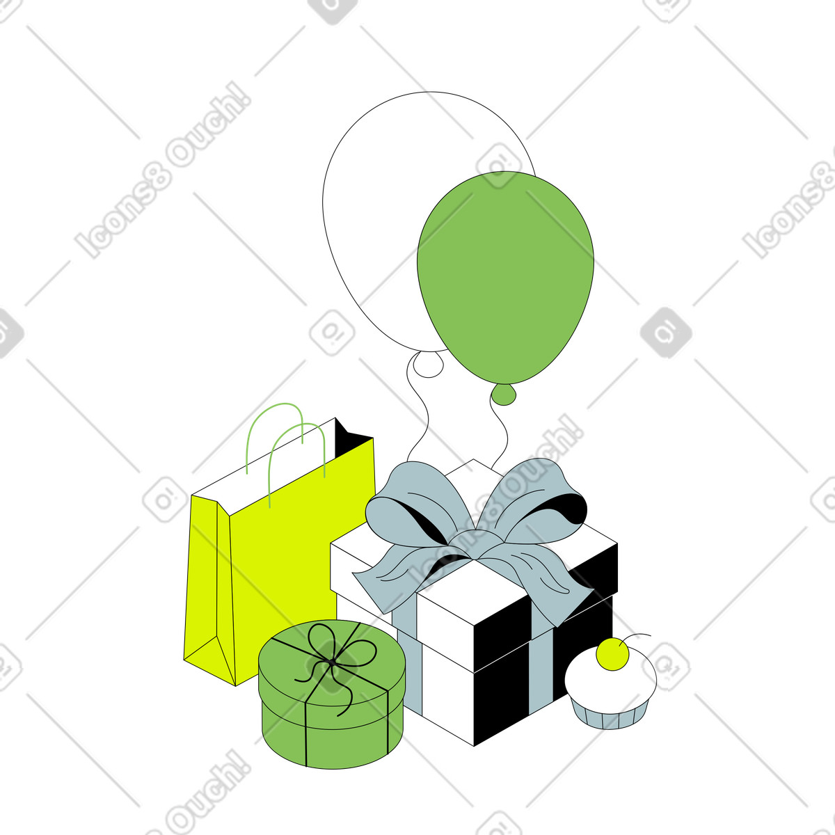 Illustration Cadeaux d'anniversaire dans des boîtes et un sac le style Isometric à télécharger aux formats PNG, SVG