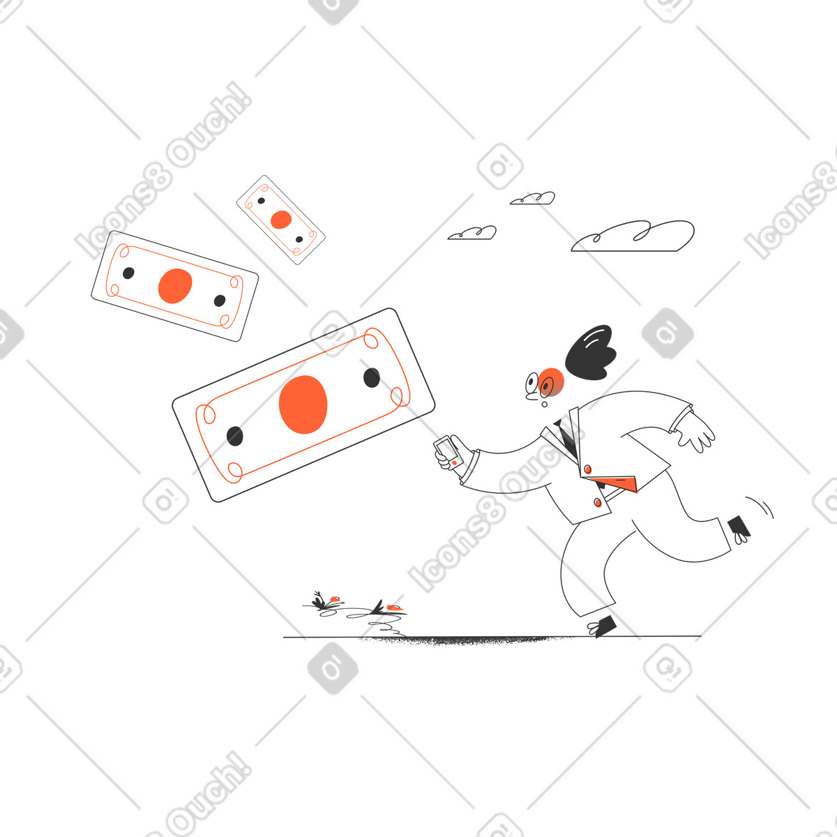 A businessman running after money flow illustration in Crayon style download in PNG, SVG
