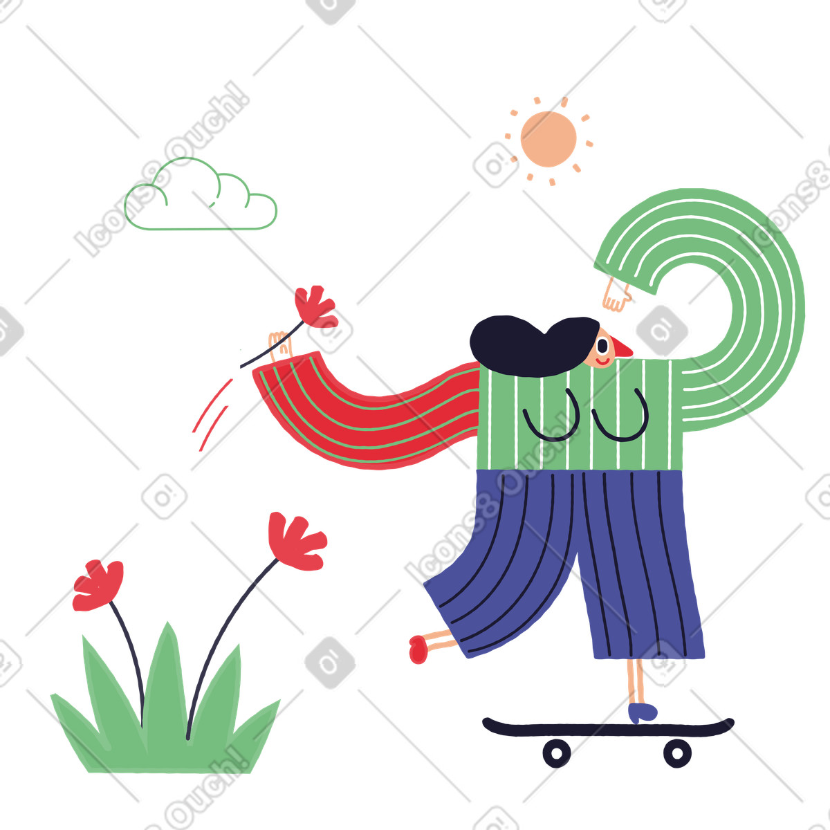 Donna che coglie un fiore mentre va su uno skateboard illustrazione in stile Stripy scarica in PNG, SVG