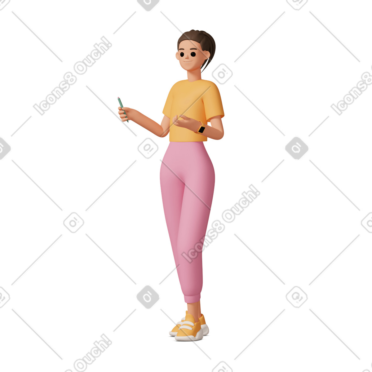 Three-quarter view of young woman standing with pen in hand illustration 3D Casual life style download PNG, SVG
