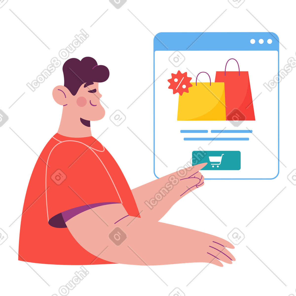 Ilustración Person buying discounted goods online, e-commerce shopping experience en estilo Sammy a descargar en PNG y SVG