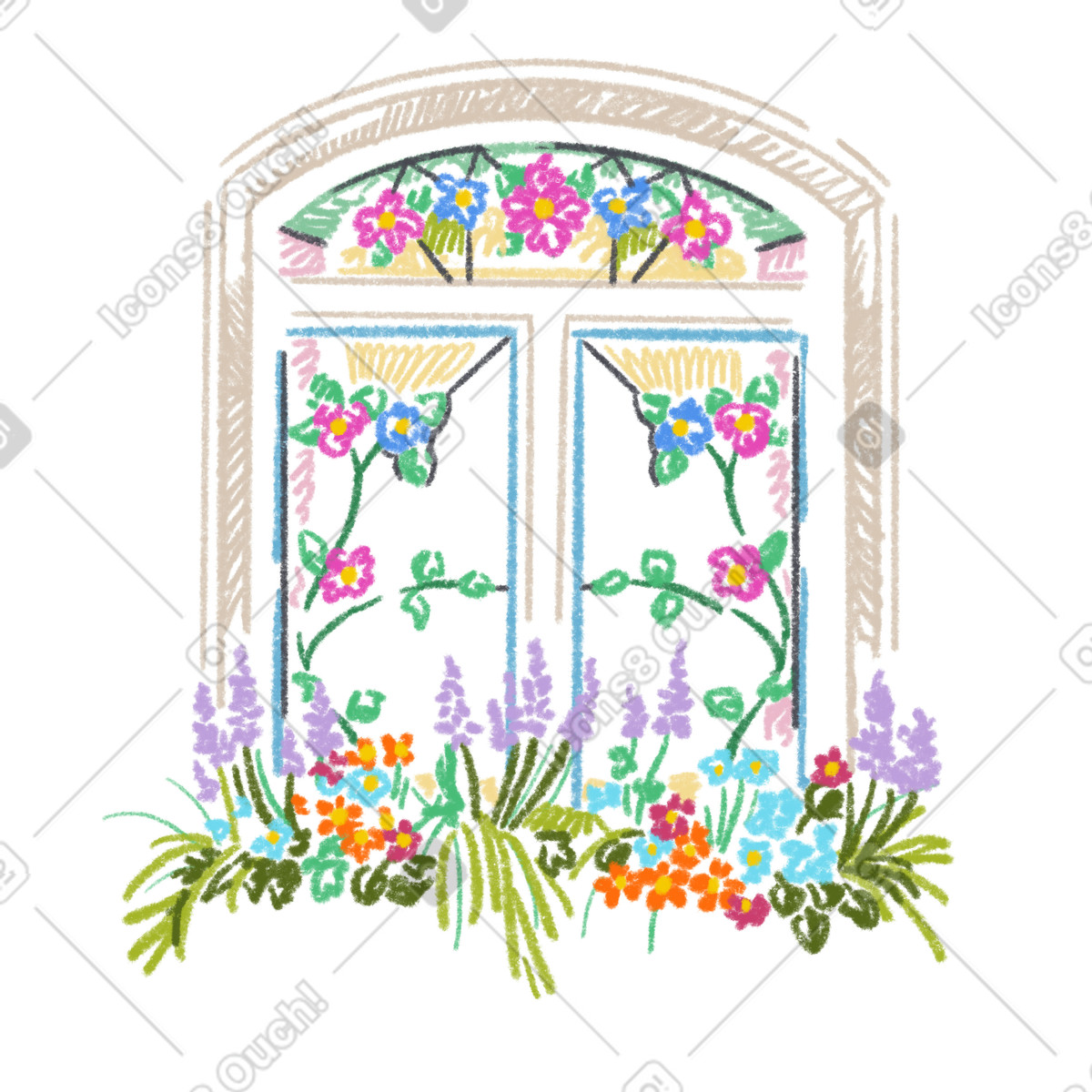 Stained glass window with a bed of flowers illustration in Sketchbook style download in PNG, SVG