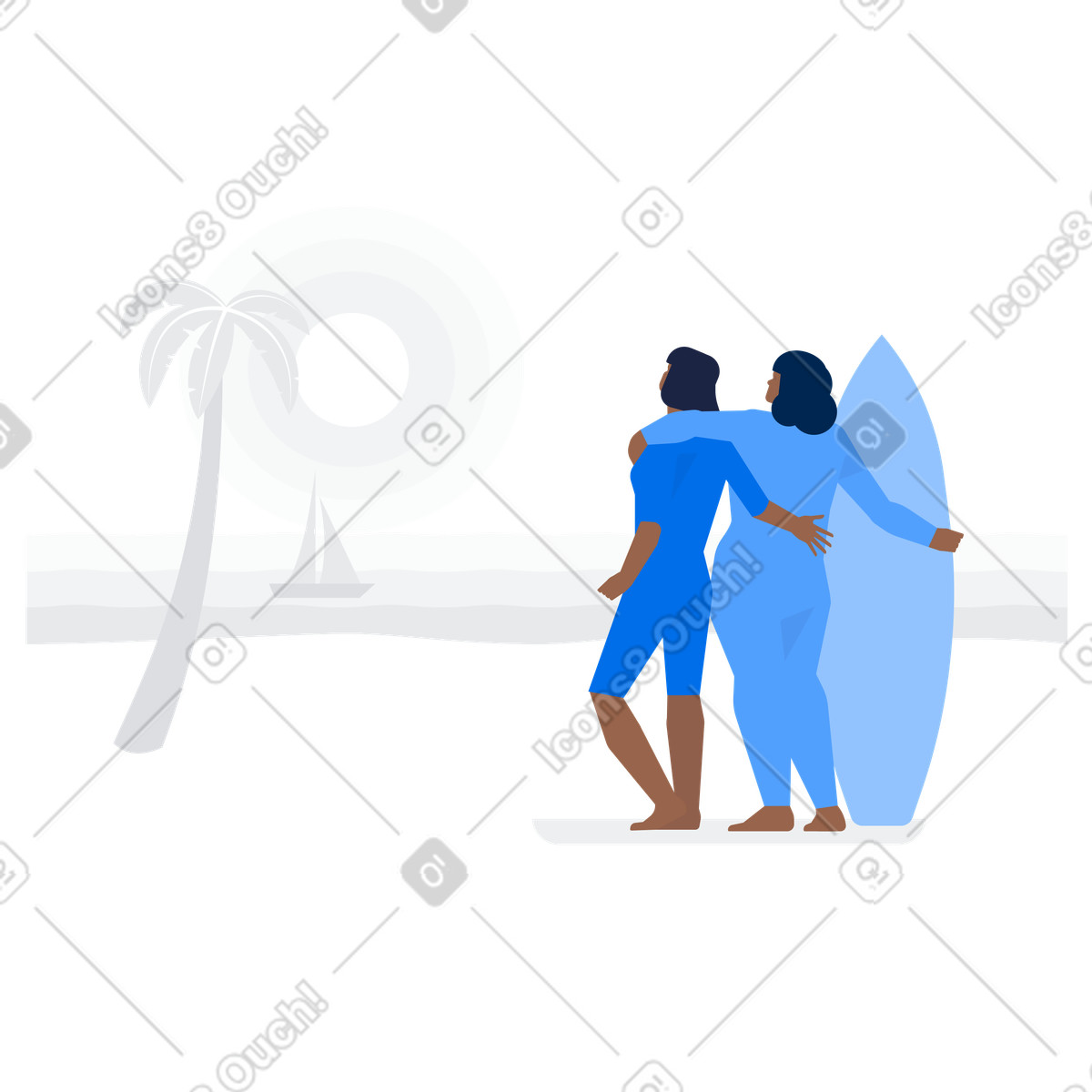 Surfers embracing on beach, Friendship and summer adventure illustration in Urban style download in PNG, SVG