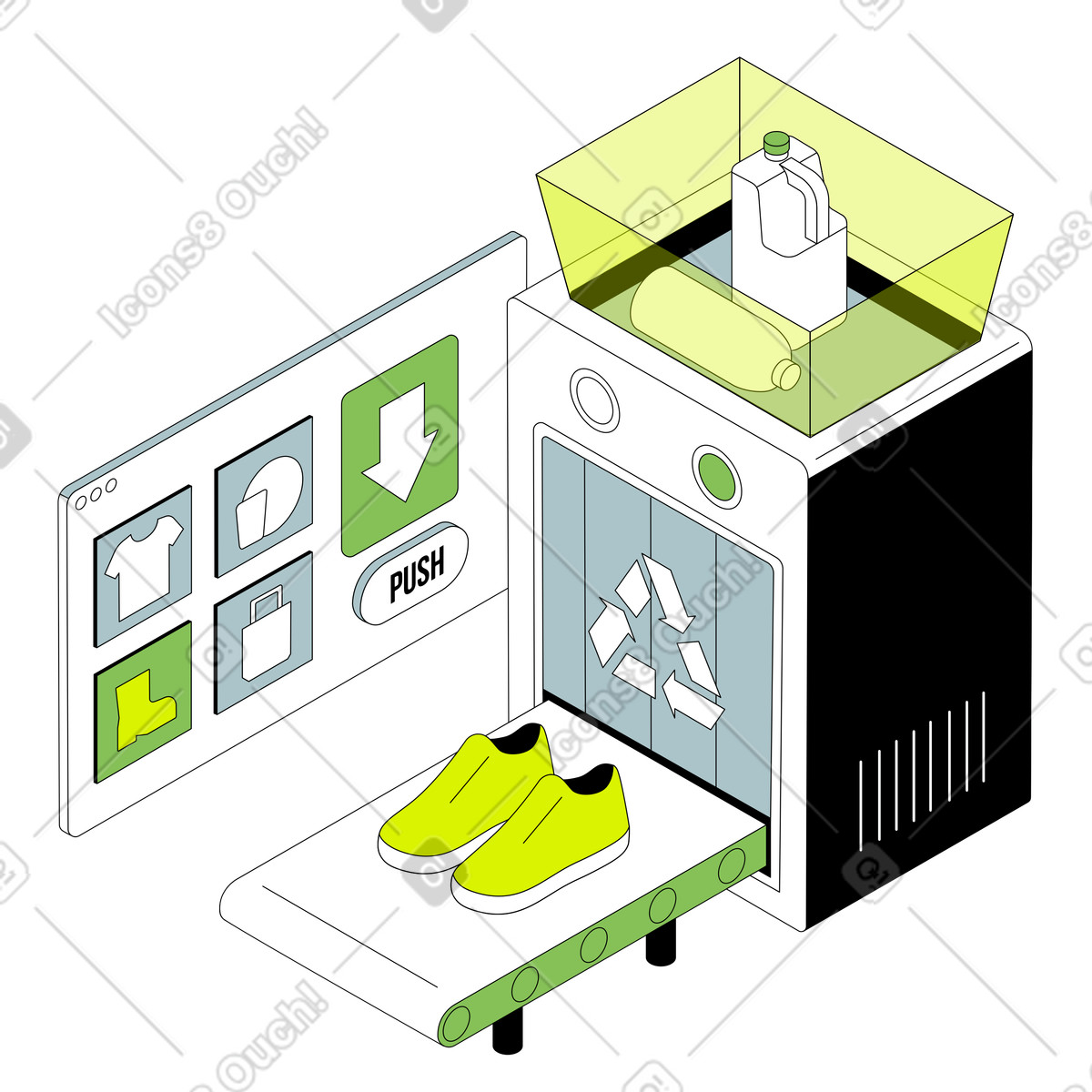 Recycling plastic and making shoes animated illustration in Isometric style download in GIF, Lottie (JSON), AE