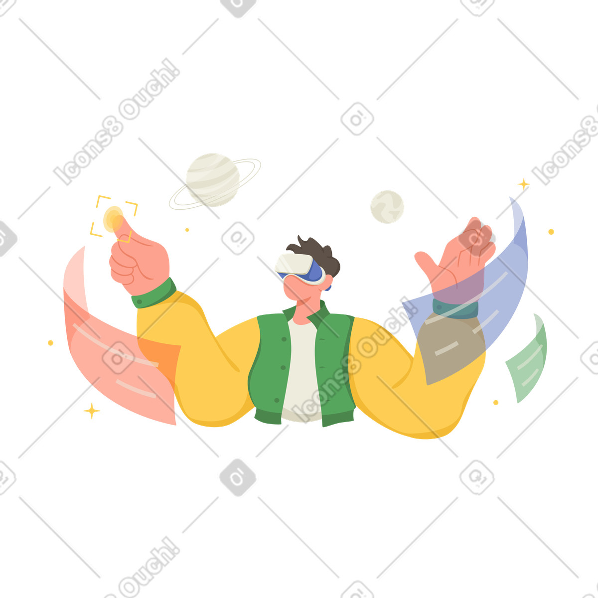 Uomo che utilizza la realtà virtuale per visualizzazione dei dati illustrazione in stile Social scarica in PNG, SVG