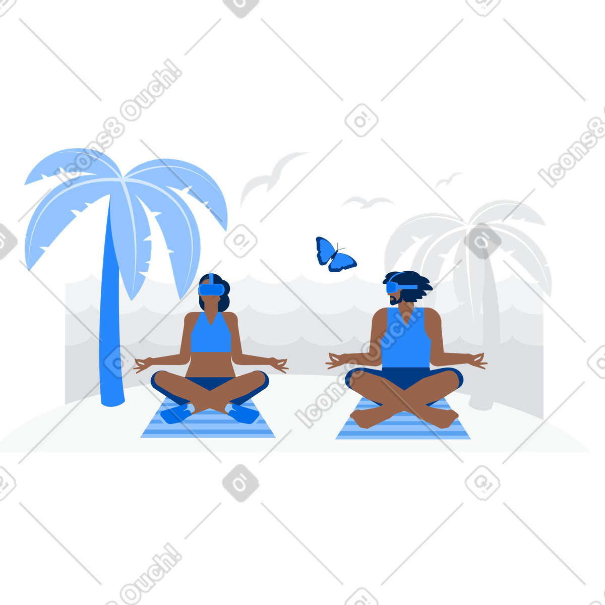 Two people using vr headsets while meditating outdoors, Virtual reality yoga and fitness illustrazione in stile Urban scarica in PNG, SVG