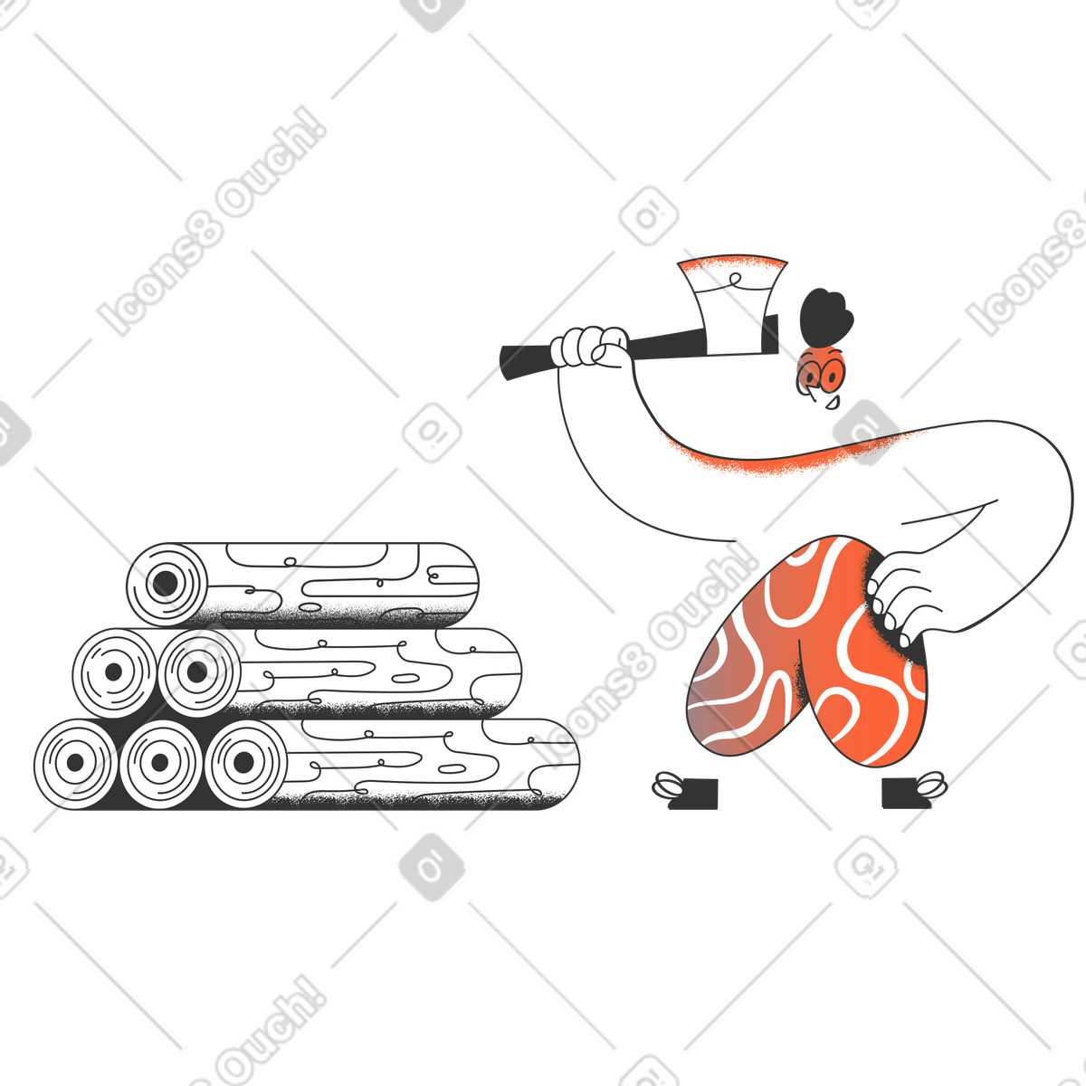 下载 Crayon 风格的 有斧头的樵夫站在一堆木头旁边 插画，支持 PNG、SVG 格式
