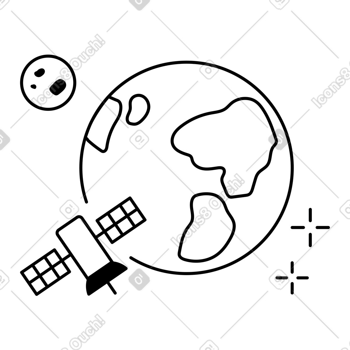 Earth planet with orbiting satellite and moon space exploration theme illustration in style download in PNG, SVG