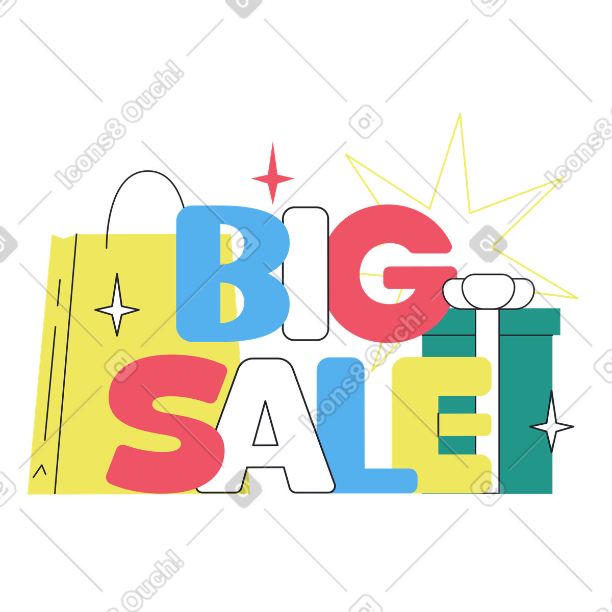 Ilustración Lettering big sale with bag and gift box text, Special offer campaign en estilo Boba a descargar en PNG y SVG