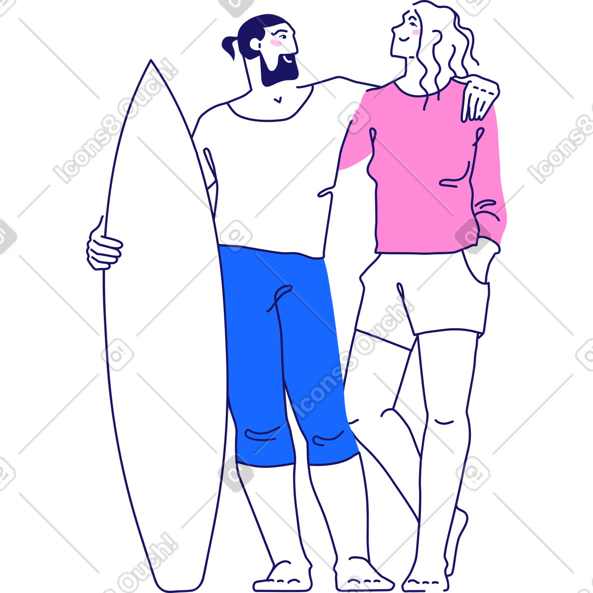 Uomo e donna con la tavola da surf illustrazione in stile Matey scarica in PNG, SVG