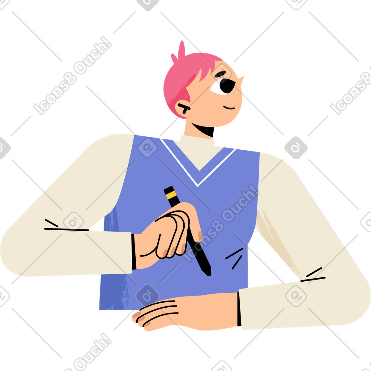 Young man holds a pen and looks up illustration in Juicy style download in PNG, SVG