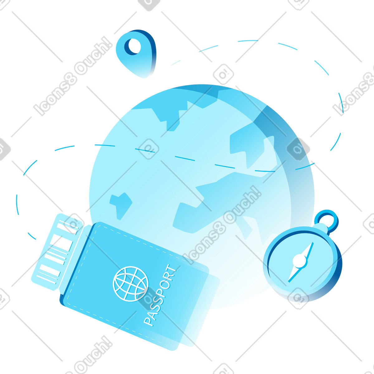 Иллюстрация Passport, compass, and globe with location pin, Global tourism journey planning в стиле Icy — скачать в форматах PNG, SVG