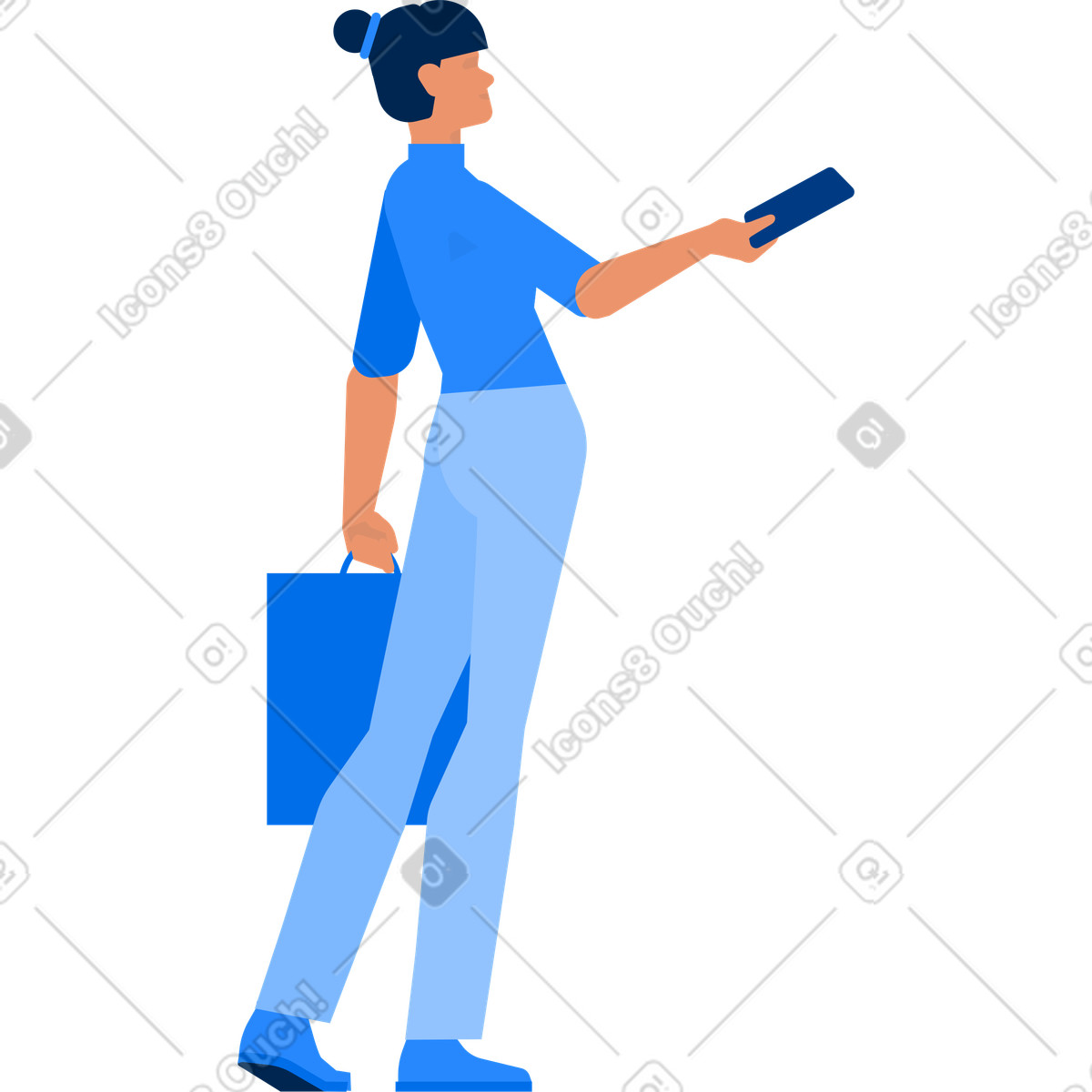 Ilustración Mujer con un paquete presiona el control remoto en estilo Urban a descargar en PNG y SVG