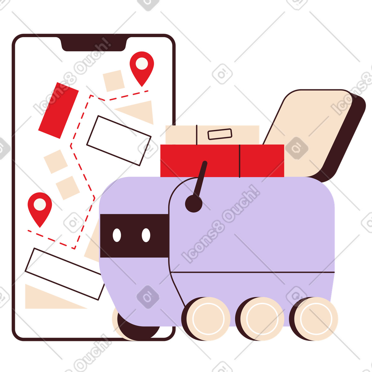 Autonomous delivery robot on mapped route, Urban logistics and smart illustration in Folks style download in PNG, SVG