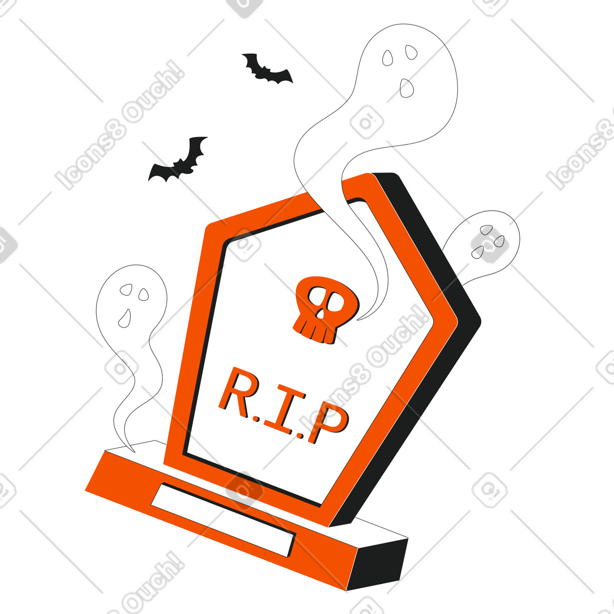Graveyard: tombstone with skull and rip, ghosts, bats illustration in Strict style download in PNG, SVG