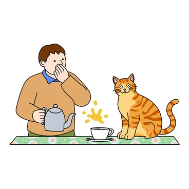 A person with light skin and short brown hair is standing at a table, holding a teapot with one hand while the other hand is raised to cover their mouth as they sneeze. The teapot is silver and tipped, causing golden-brown tea to splatter across the table. A surprised tabby cat with orange stripes is sitting nearby, its eyes wide open and ears perked up in shock at the sudden mess. The table is set with a white teacup that is catching some of the splattering tea. There is a floral tablecloth underneath, adding a pop of color to the scene.