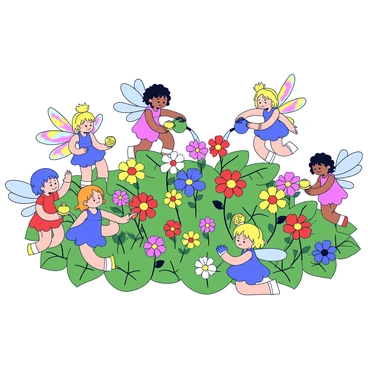 A group of tiny fairies with delicate wings is tending to a vibrant flower garden. Each fairy has iridescent wings that shimmer in different hues. They are busy watering the flowers, which come in various bright colors such as red, yellow, and blue. Some fairies are pruning the plants, while others are collecting dew drops. The garden is lush and filled with green foliage, and the sunlight casts gentle shadows across the scene.