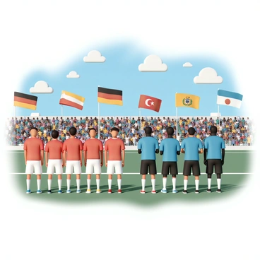 Two national teams are positioned on a vibrant sports field, ready for competition. One team, wearing red jerseys and white shorts, displays their national colors prominently. The opposing team is clad in blue jerseys and black shorts, showcasing their own distinct identity. Spectators in the stands wave large, colorful flags representing each nation, creating a dynamic backdrop. The atmosphere is charged with excitement, as players prepare to engage in the match. Above the scene, clear blue skies complement the lively colors of the jerseys and flags.