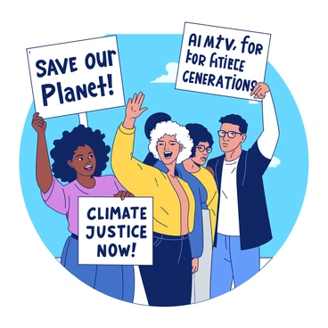 A group of diverse people stands together, each holding a different sign advocating for climate action. There is a black woman with curly hair holding a sign that says "Save Our Planet" in bold letters. Next to her, a Hispanic man with glasses is displaying a sign that reads "Act Now for Future Generations." A white woman with short hair and a yellow jacket is enthusiastically waving a sign that states "Protect Our Earth." Nearby, an Asian man is holding a sign that says "Climate Justice Now!" The background features a bright blue sky, enhancing the urgency and positivity of their message.