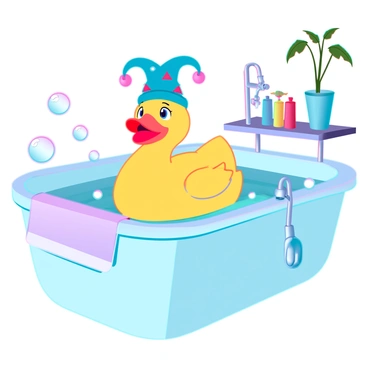 A bright yellow rubber duck with a shiny surface is floating in a white bathtub filled with bubbles. The duck is wearing a tiny, colorful jester hat adorned with bells and small triangular patterns. The bathtub has chrome fixtures and a soft, fluffy towel draped over the edge. In the background, there is a small shelf with various bath toys and a potted plant, adding a touch of greenery to the scene. The reflection of the rubber duck can be seen on the water's surface, enhancing the playful atmosphere.
