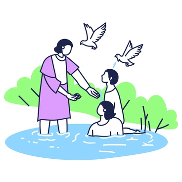 A scene depicting "John the Baptist baptizing Jesus in the Jordan River." John is standing in the river, wearing a simple robe, with water splashing around his feet. He is holding a shell in his right hand and gently pouring water over Jesus' head. Jesus, with shoulder-length hair, is kneeling in the water, looking serene and peaceful. There are several doves flying overhead, their wings spread wide. The banks of the river are lined with lush greenery, and the water reflects the surrounding nature.