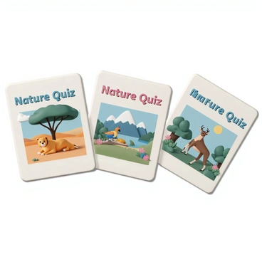 A set of illustrated cards featuring various nature themes for a wildlife quiz. Each card displays a different animal in its natural habitat. One card shows a majestic lion resting under a shaded acacia tree in the savanna, with a bright blue sky overhead. Another card features a vibrant tropical bird perched on a branch, surrounded by lush greenery and colorful flowers. A third card depicts a graceful deer standing by a serene lake, with mountains in the background and soft sunlight filtering through the trees. Each card includes "Nature Quiz" in bold letters at the top, designed in an engaging and eye-catching font.