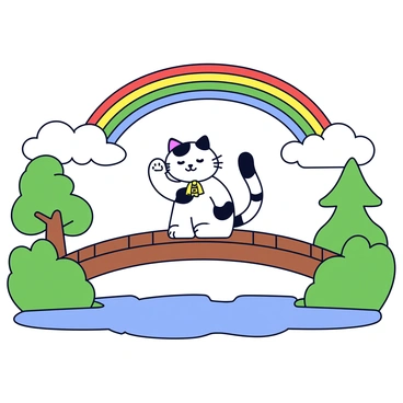 A lucky cat with white fur, black patches, and a raised paw is sitting on a wooden bridge. The cat has a golden bell around its neck. Above the bridge, a vibrant rainbow arches across the sky, consisting of seven distinct colors. The bridge is surrounded by lush green trees and the sky is clear with a few fluffy clouds.