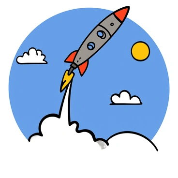 A missile with a sleek, metallic body and colorful details is soaring through a bright blue sky. The sun is shining, making the sky vibrant and clear. Below the missile, there are fluffy white clouds scattered throughout, creating a soft contrast against the vivid background. The missile leaves a trail of smoke as it ascends, emphasizing its motion and power.