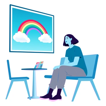 A person with medium skin and short black hair is sitting in a modern clinic waiting area. They are dressed in casual attire, wearing a blue t-shirt and gray jeans. The person is gazing at a colorful poster of a rainbow displayed prominently on the wall. The poster features vibrant colors, with a bright blue sky and fluffy white clouds surrounding the rainbow. The waiting area is equipped with sleek chairs and a small table with various brochures, adding to the clinical atmosphere.