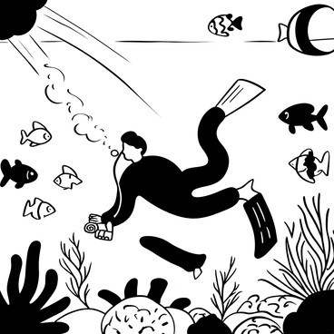 A deep-sea diver in a wetsuit is floating in the ocean surrounded by various fish swimming in a school. Bubbles are rising from the diver's breathing apparatus. The water is filled with intricate coral formations in the background. The diver is holding a small underwater camera, capturing the scene. Light beams penetrate the water above, illuminating parts of the underwater landscape. The fish are in different sizes and shapes, creating a dynamic movement around the diver. There are small sea plants swaying gently in the current nearby.