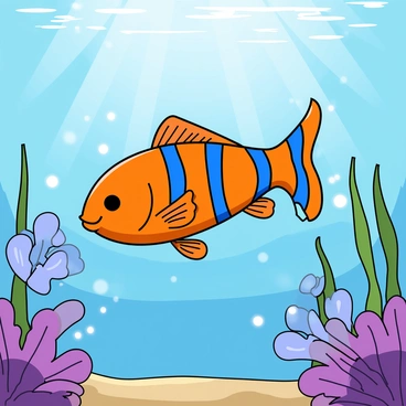 A vibrant zebrafish with orange and blue stripes swimming gracefully through a magical underwater world. The water is sparkling with light reflections, creating a shimmering effect around the fish. Surrounding the zebrafish are ethereal plants with flowing, translucent leaves in shades of purple and green. Some plants have small glowing bubbles rising to the surface. The background features soft, diffused light filtering through the water, enhancing the enchanting atmosphere of the underwater scene.