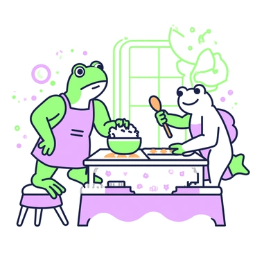 A frog and a toad are working together in a cozy kitchen. The frog is standing on a stool, wearing a small apron, reaching for a mixing bowl on the counter. The toad is beside him, holding a wooden spoon, looking at the bowl with focus. Flour is dusted everywhere across the counter and the floor, creating a light cloud around them. There are cookie dough pieces scattered on the countertop, and a tray lined with cookie shapes is ready for the oven in the background. A window allows sunlight to stream in, illuminating their cheerful expressions as they bake together.