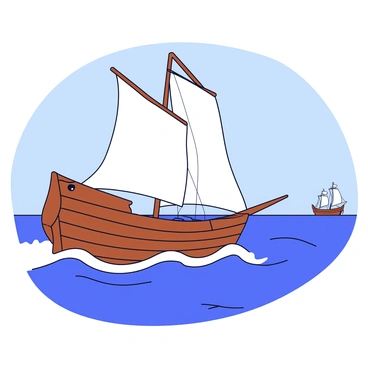 A wooden ship with large, billowing sails is in the foreground, actively pursuing another vessel on the distant horizon. The ship has a weathered brown hull with visible planks and a tall mast. The sails are bright white, catching the wind as the ship cuts through the waves. In the background, the other vessel appears smaller, with its own sails raised against a clear blue sky. The ocean surface is a deep blue, with gentle ripples reflecting the sunlight.