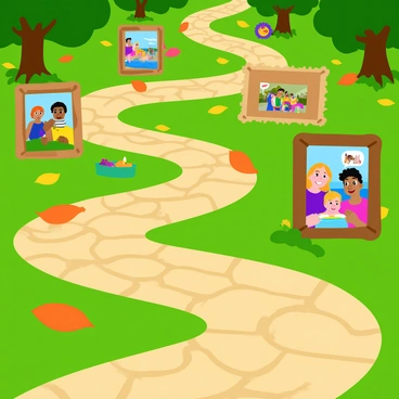 A nostalgic maze with twisting paths made of cobblestones. The sides of the paths are lined with wooden frames containing colorful childhood photos depicting happy moments, such as playing in the park, family gatherings, and birthday celebrations. The frames vary in size and style, with some being ornate and others simple. Soft sunlight filters through the trees overhead, casting gentle shadows on the ground. A few scattered autumn leaves add warmth to the scene, enhancing the feeling of nostalgia.