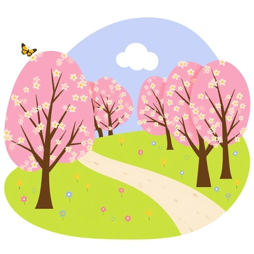 A cartoon-style illustration of a landscape filled with cherry blossom trees in full bloom, showcasing clusters of pink flowers on the branches. The sky is bright blue with a few fluffy white clouds scattered throughout. A gentle green grass field covers the foreground, dotted with colorful wildflowers. Butterflies with vibrant patterns flutter among the blossoms, while a winding path made of light brown dirt meanders through the scene, inviting the viewer to explore.