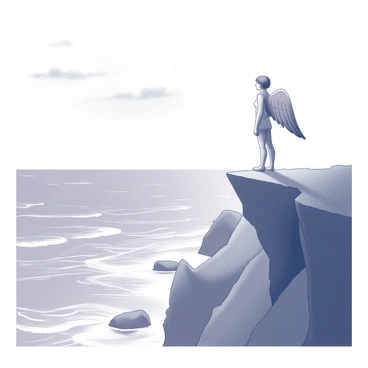 A figure stands at the edge of a high cliff, gazing out over a vast expanse of the sea. The person has large feathered wings extended behind them, poised and ready for flight. The cliff is rugged, with sharp rocks jutting out, while the ocean below is turbulent, with waves crashing against the shore. The sky above is mostly clear, with a few wispy clouds scattered across it. The figure appears determined, with a sense of anticipation, as they prepare to take their leap into the unknown.