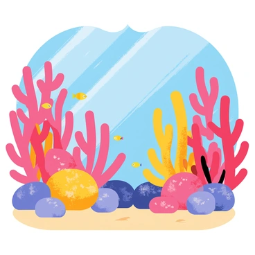 Vibrant coral reefs with various shapes and sizes of corals, showcasing hues of red, orange, yellow, and purple. The colors of the corals bleed into the surrounding blue water, creating a striking contrast. Small, colorful fish swim among the coral branches, adding dynamism to the scene. Sunlight filters through the water, casting shimmering patterns on the sandy ocean floor below.