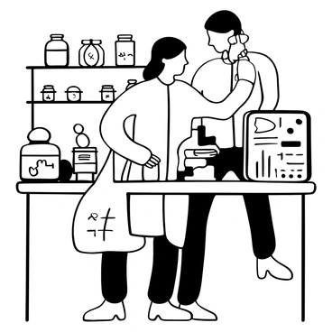 A forensic scientist in a lab coat is standing at a laboratory table, looking through a microscope with one hand. There are various evidence samples placed on the table, such as small vials and labeled containers. A notebook is open next to the scientist, filled with notes and diagrams. The background features shelves stocked with glass containers and lab equipment.
