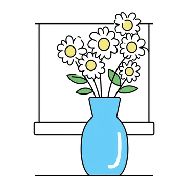 A simple glass vase, transparent and smooth, is placed on a white windowsill. The vase is filled with freshly picked daisies, their white petals and bright yellow centers creating a vibrant contrast. The sunlight filters through the window, casting gentle shadows of the daisies onto the windowsill. A few green leaves are visible, complementing the flowers and adding a touch of nature to the scene.
