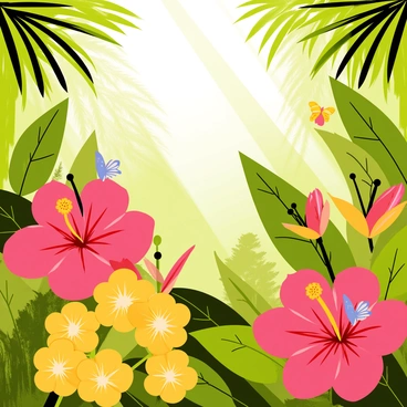 An explosion of colorful tropical flowers in a lush rainforest setting. The scene features large, vibrant red hibiscus flowers with delicate petals, surrounded by clusters of bright yellow and orange bird of paradise blooms. Green ferns and broad-leaved plants create a dense backdrop, adding depth to the image. Rays of sunlight filter through the thick canopy above, casting dappled light on the flowers, enhancing their vivid colors. Butterflies with patterned wings flutter amongst the flowers, contributing to the lively atmosphere of the rainforest.