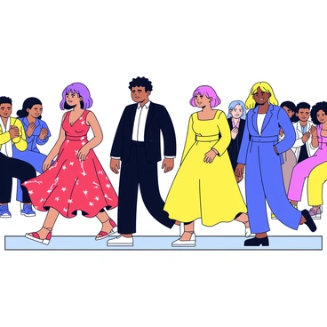 A group of four models walking confidently on a runway. Each model is wearing a unique outfit that showcases a variety of colors and styles. The first model has a flowing red dress with elegant patterns, while the second model wears a sleek black suit. The third model is in a vibrant yellow gown, and the fourth model is dressed in a stylish blue jumpsuit. The audience in the background is clapping enthusiastically, with some people standing to show their excitement. Bright lights illuminate the runway, highlighting the models as they take their final walk.