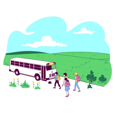 A white school bus is parked at the edge of a vast green field. The bus has bright yellow accents around the windows and doors, contrasting with its white body. In front of the bus, a small group of children can be seen exiting, carrying colorful backpacks in various shades. The field stretches out behind them, dotted with wildflowers in different colors. A clear blue sky is visible above, with a few fluffy white clouds drifting by.