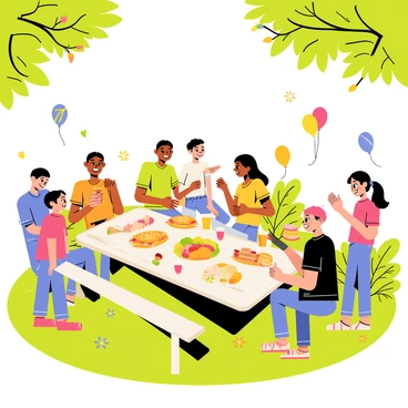 A sunny backyard with green grass and colorful flowers surrounding the scene. A large picnic table is laden with various dishes, including a big bowl of pasta salad, a platter of grilled burgers, and a pitcher of lemonade. A group of smiling people of diverse backgrounds are seated and standing around the table, enjoying food and chatting. Children are playing a game of tag nearby, while others are tossing a frisbee back and forth. Balloons and streamers are hanging from tree branches, adding a festive atmosphere to the gathering.