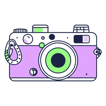 A vintage camera is depicted with intricate details in a monoline sketch format. The camera has a distinct rectangular body with rounded edges and features multiple dials on the top. The lens is large and prominent, with a detailed aperture ring surrounding it. A winding knob is positioned on one side, and a small viewfinder is located on the top. There is a strap attached to both sides of the camera, with the texture of the material visible. The overall composition includes delicate lines that enhance the vintage aesthetic, creating a sense of charm and nostalgia.