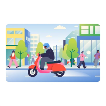 A moped zipping through a bustling city street with colorful buildings in the background