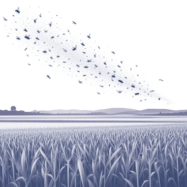 A vast agricultural field under a cloudy sky, filled with an abundance of crops. A massive swarm of locusts is descending upon the field, creating a dense cloud of insects. The locusts are depicted in varying sizes as they move through the air, some already landing on the crops. The plants, with tall stalks and leafy greens, are beginning to bend under the weight of the swarm. In the background, hints of a distant horizon can be seen, with silhouettes of more fields and trees. The overall scene conveys a sense of chaos and impending devastation caused by the locusts.