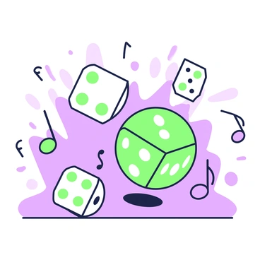 A set of six colorful dice is shown tumbling across a surface. Each die has distinct numbers on its faces, and as they roll, visual representations of musical notes burst forth from them. The notes swirl around the dice, creating a dynamic composition. The background features a soft gradient to emphasize the movement of the musical notes, enhancing the sense of a symphony in motion.