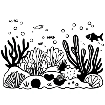 A detailed illustration of a coral reef teeming with various marine life. The foreground features intricate coral formations in different shapes and sizes. There are several fish swimming among the corals, including schools of small fish and a larger fish with distinct fins. In the background, there are more coral structures with anemones and sea urchins scattered throughout. Bubbles rise from the seabed, adding a sense of movement to the scene.