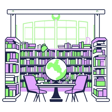 A library filled with shelves that are overflowing with books. The books are arranged in a chaotic manner, with some stacked horizontally and others vertically. Despite the disorganization, it is easy to identify different titles. A large globe is positioned in the center of the library, surrounded by several reading chairs. A table next to the chairs holds various open books and a green lamp illuminating the space. The high ceiling has exposed beams, and sunlight streams in through tall windows, casting light on the colorful spines of the books.